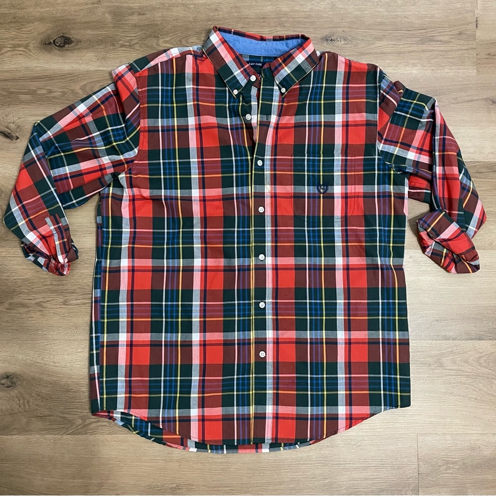 Chaps Red & Blue Easy Care Plaid Print Collared Long Sleeve Button Down Shirt, L